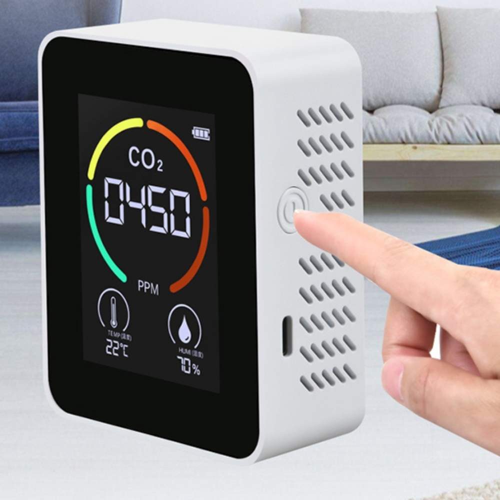 A portable CO2 meter showing carbon dioxide, temperature and humidity on one screen